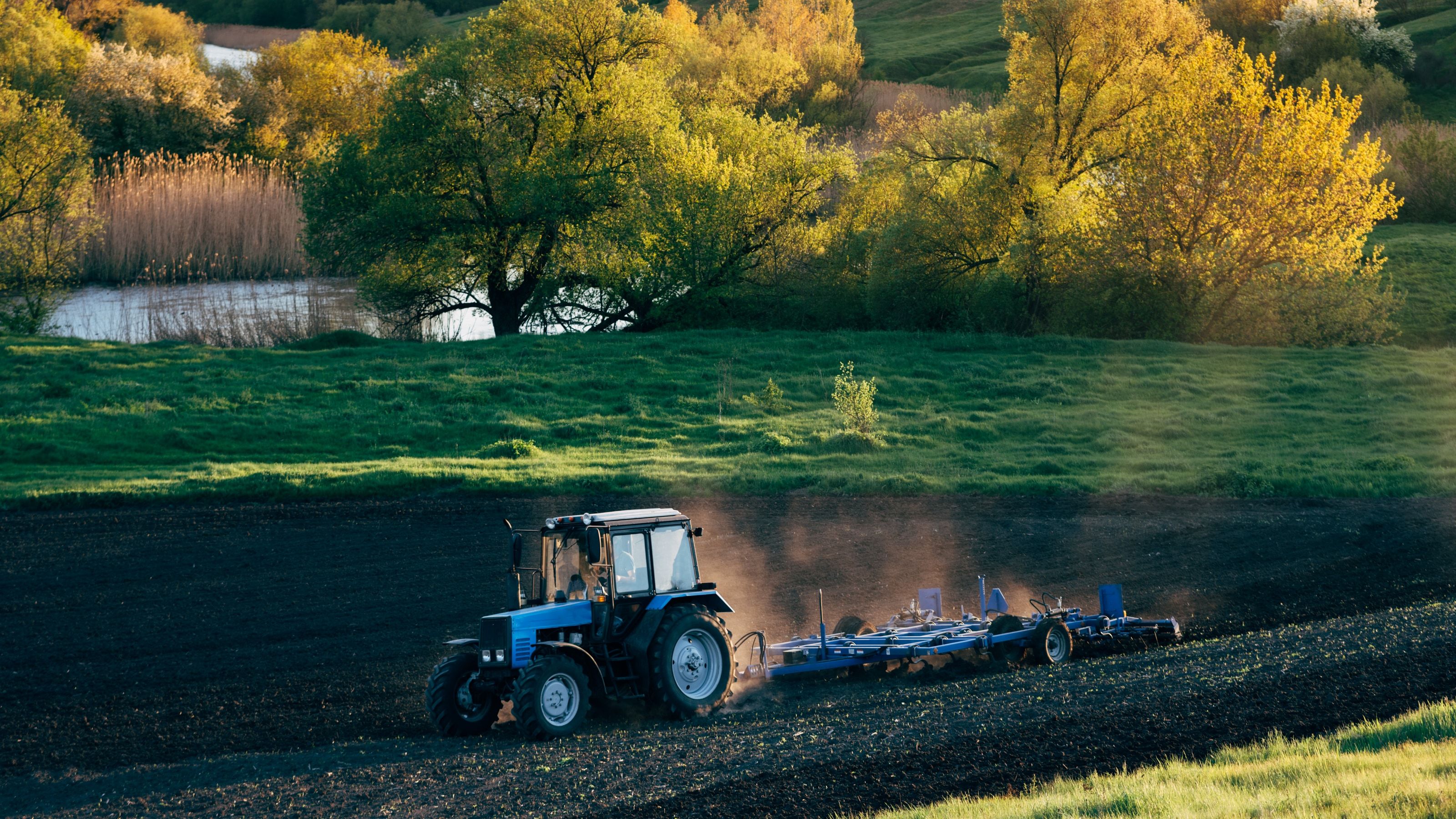 Tractor azul con un cultivador preparando la tierra oscura de una parcela, con árboles y una charca al fondo